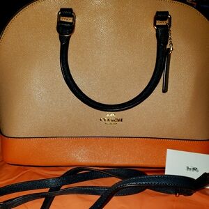 Coach Tan and Orange Satchel with Black Handles